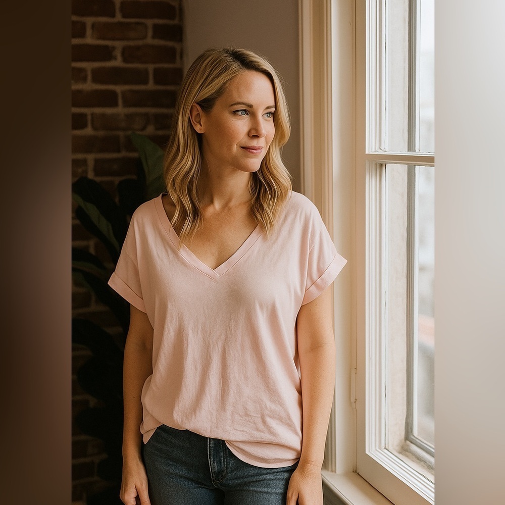 Cloth & Stone V-neck Short Sleeve Top in blush pink size Medium